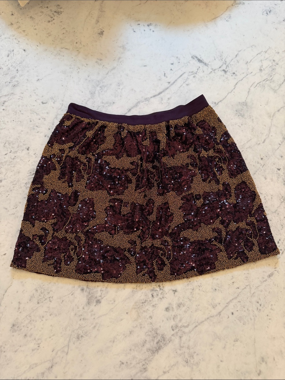 Club Monaco Plum and Gold Sequin Floral Skirt